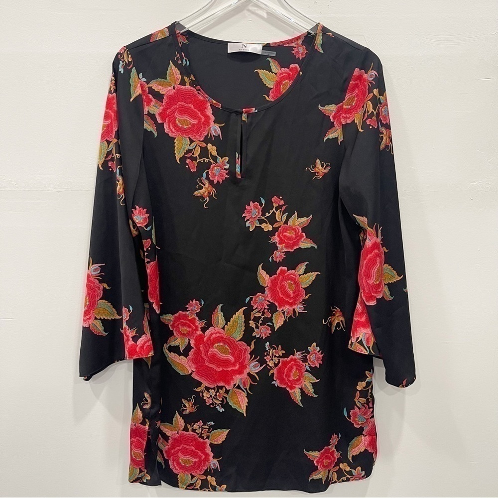 Natori Black Floral Lightweight Sleep Dress Medium